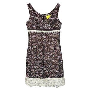 Aysha Tweed Knit Fringe Metallic Shimmer Cocktail Dress Brown Pink Ivory Size 2